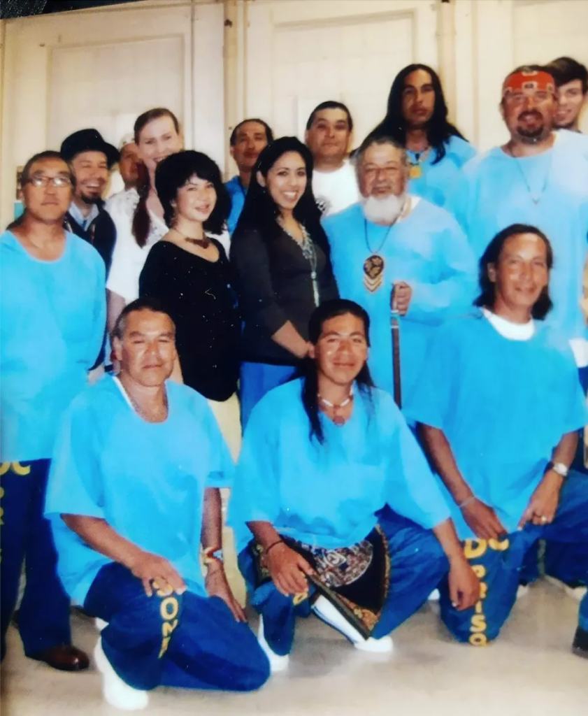 Members of the outside Native community would lead a Pow Wow in Soldad Correctional Facilty, central yard. Gerardo appears in the front row center.