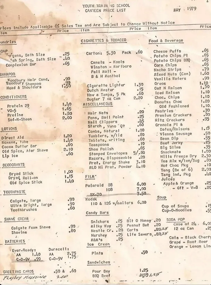 The canteen menu from YTS, 1979