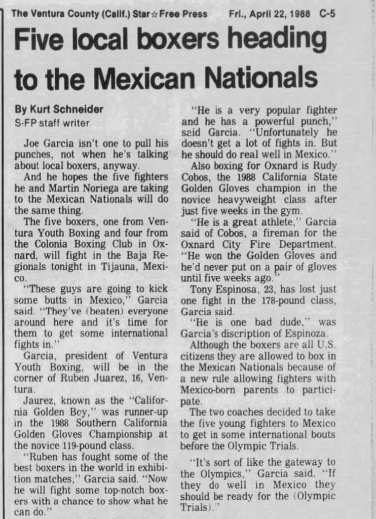 A story in the local Ventura newspaper details Tony’s fights in Mexico in 1988
