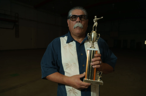 Tony Espinosa is photographed in the YTS boxing gym with his trophy in 2024 by David William Reeve