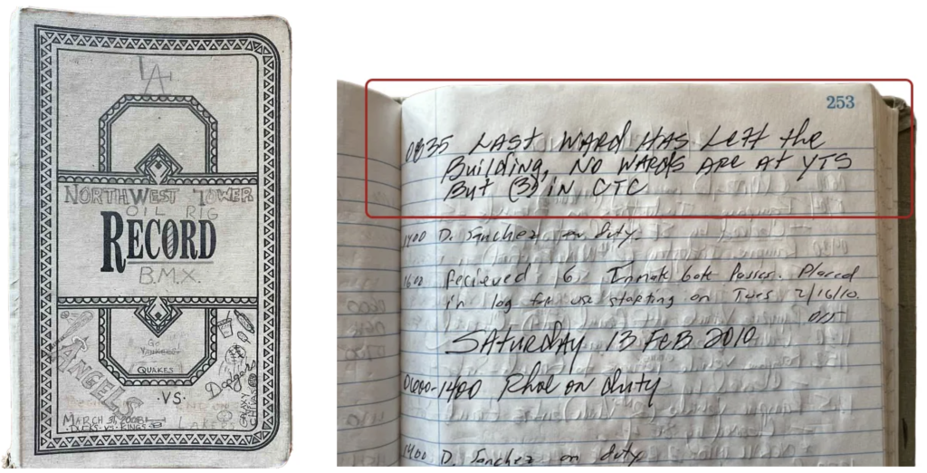 Correction officers would keep a record book of events during their shift. Above, the record book from the Northwest Tower documents when the last ward left YTS in 2010. It reads, “08:35 Last ward has left the building, no wards are at YTS,” noting 3 in a separate psychiatric unit run by an outside organization.