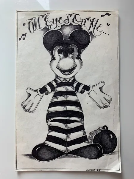 Lazy, signing with his middle name Peter, drew Mickey Mouse with a ball and chain while in solitary confinement in 1998.